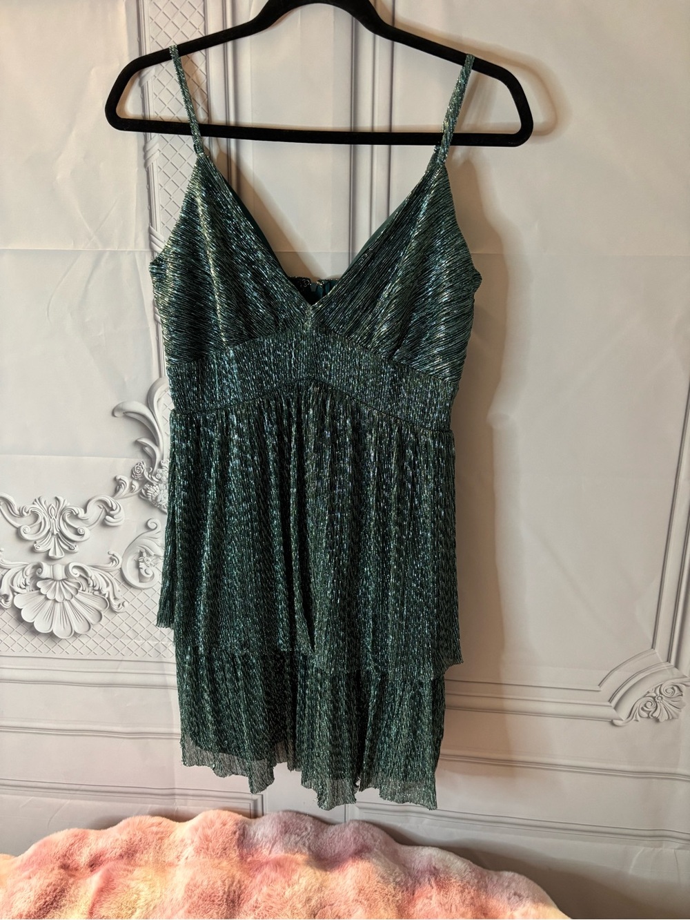 Trixxi Women’s Shimmering Tiered Green Metallic Cocktail Mini Dress, Size Large
